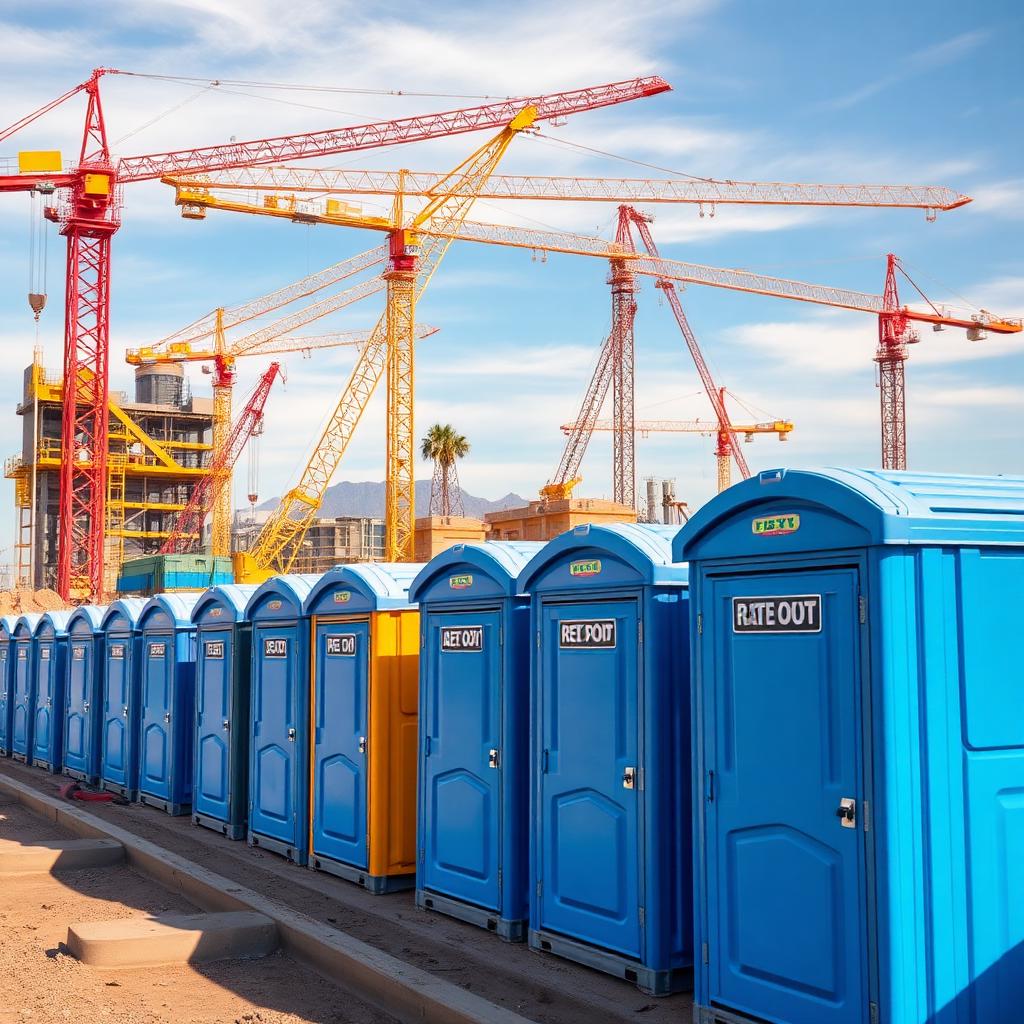 Row of blue construction porta potties on a Phoenix Arizona jobsite