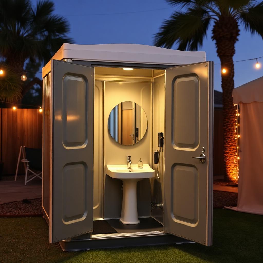 Deluxe portable restroom with interior sink and mirror at a Phoenix event