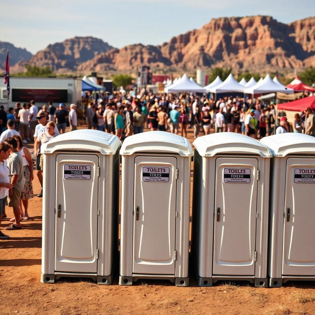 Row of event porta potties at an outdoor festival in Arizona