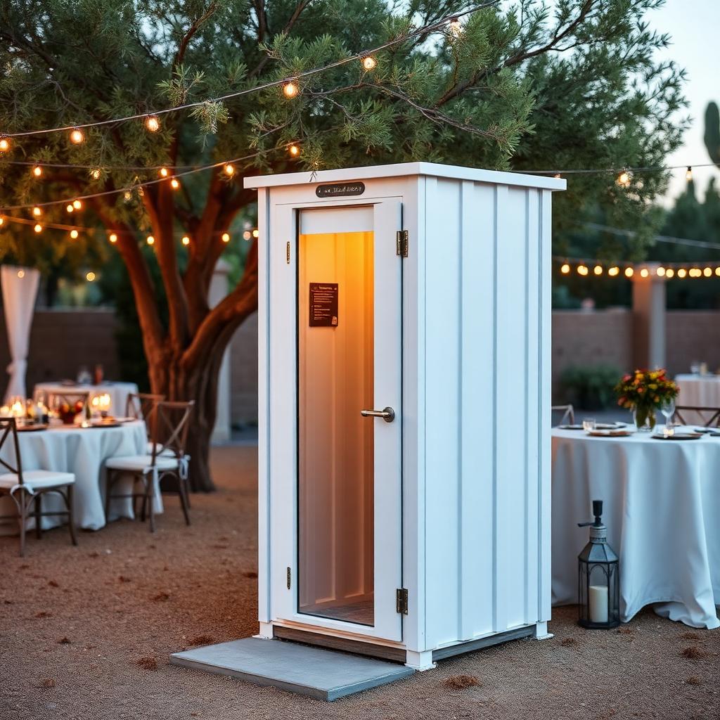 Flushable porta potty with foot pump at an outdoor Arizona wedding