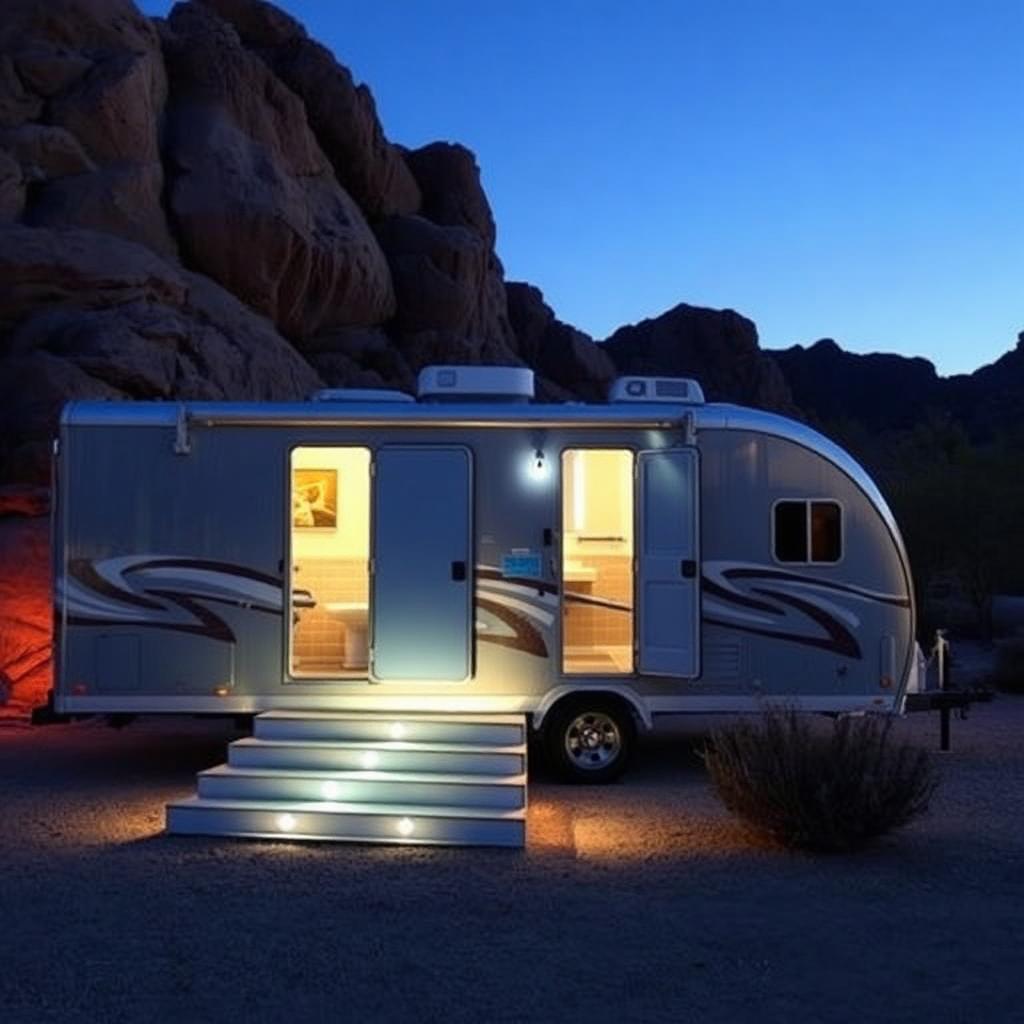 Interior of a luxury restroom trailer with wood floors set up at a Phoenix wedding