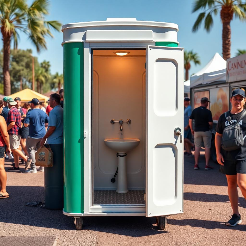Portable toilet with interior handwashing sink at a Phoenix food truck event